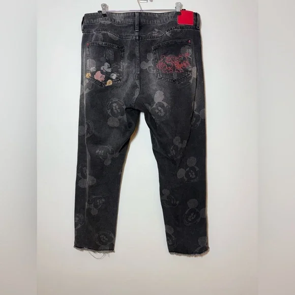 Desigual Women's Black Mickey Mouse Print Jeans Straight Leg Raw Hem SZ 34